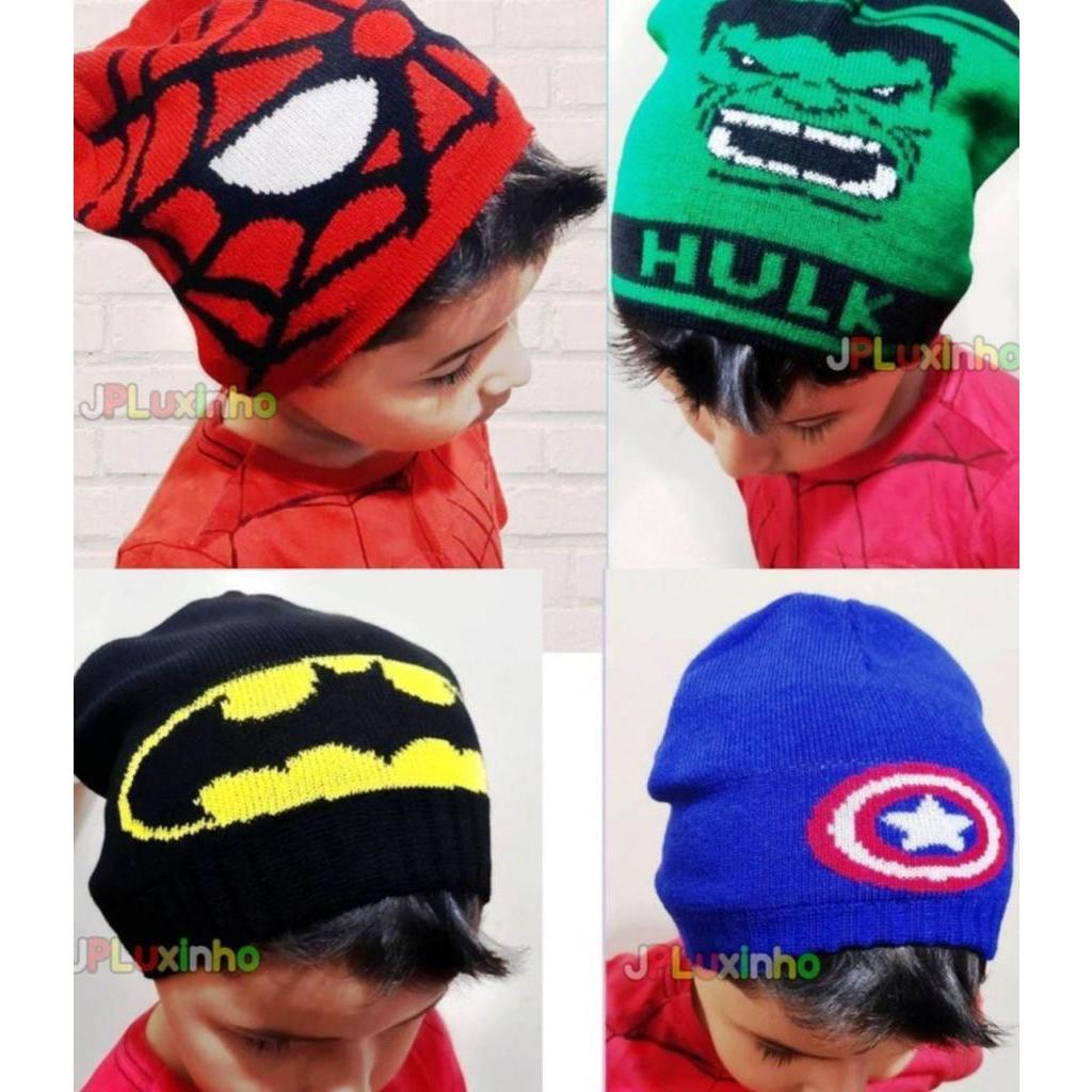 Touca Infantil Personagem Super Herói Homem Aranha Capitão América Hulk Batman Vingadores Frio Menino Inverno Quentinha