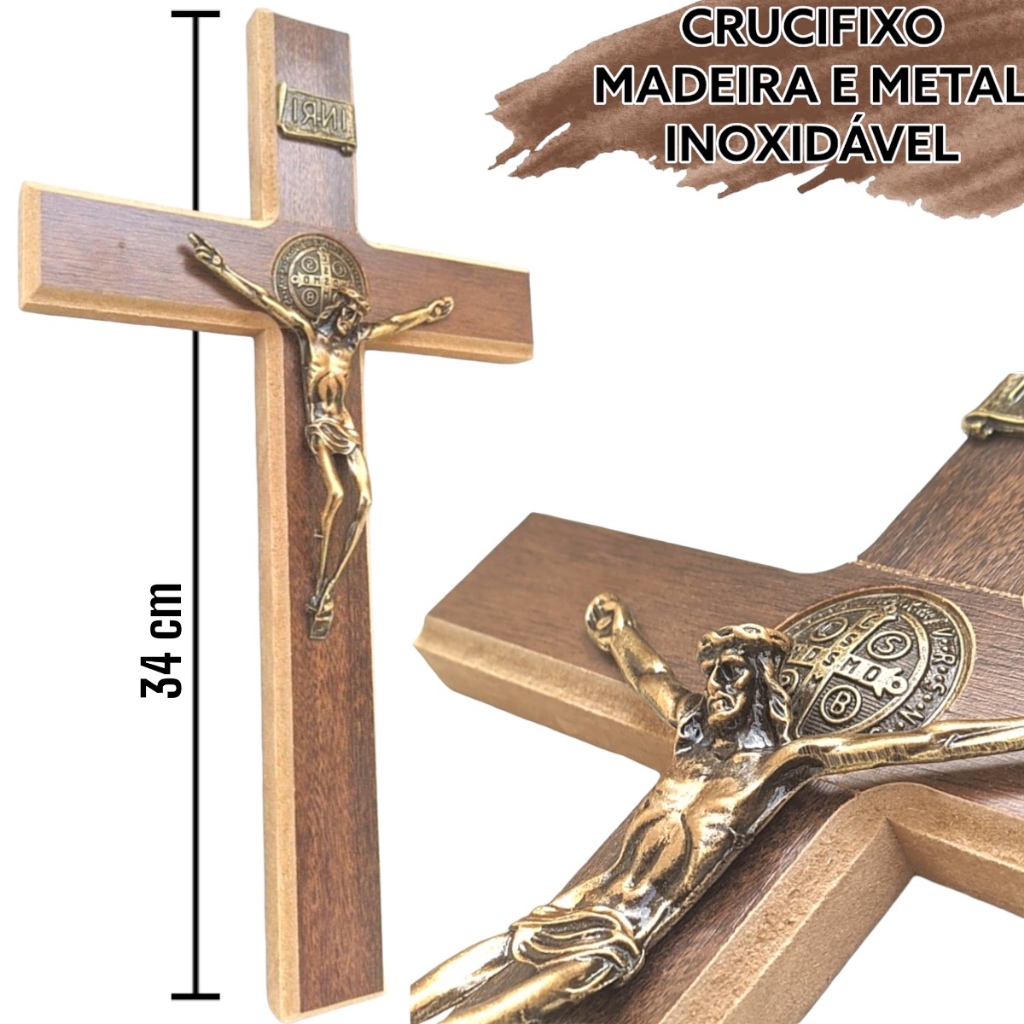 Crucifixo De Madeira Grande  E Metal Medalha São Bento 30cm Lindo