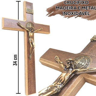 Crucifixo De Madeira Grande  E Metal Medalha São Bento 30cm Lindo em Oferta na Shopee