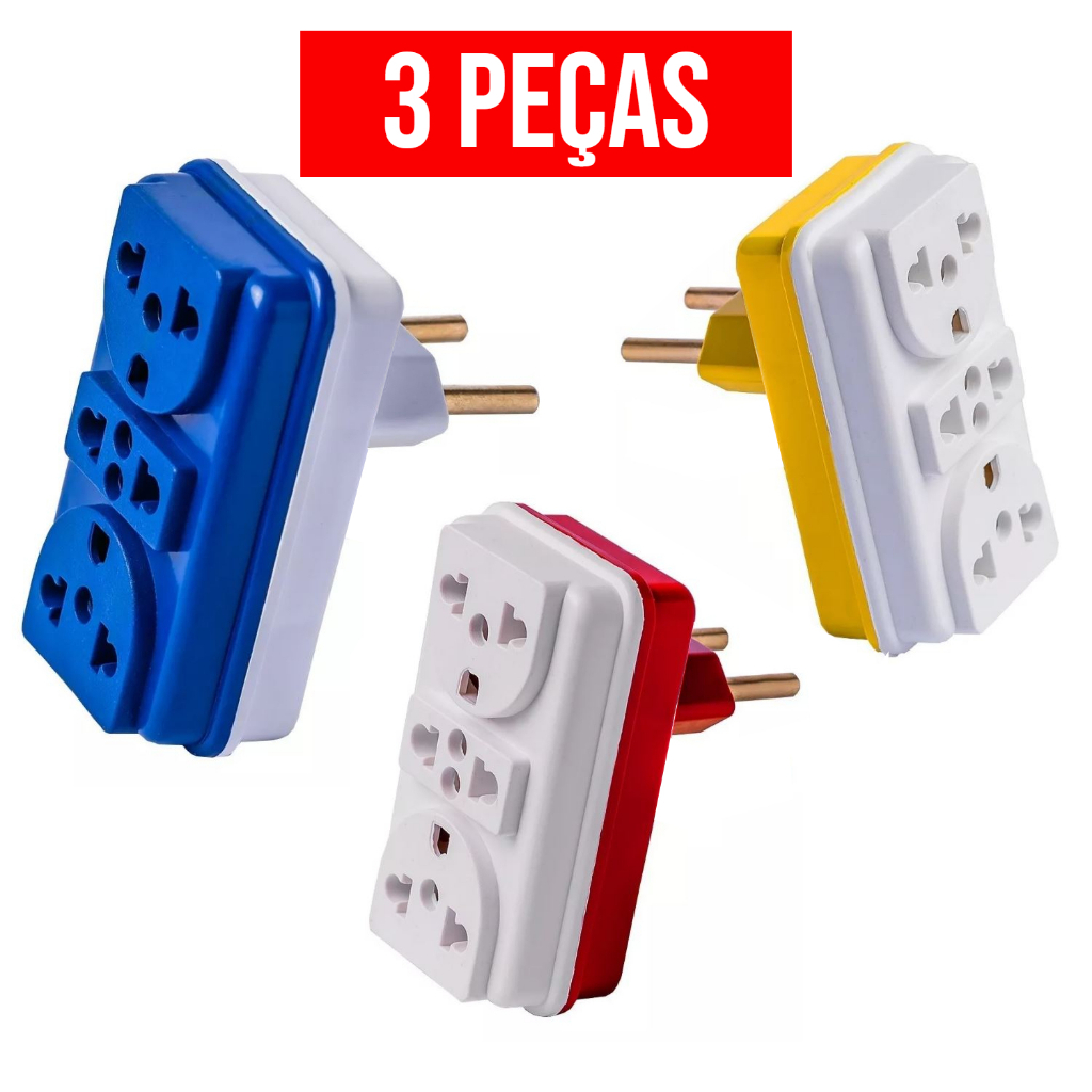 Imagem Kit 3 Adaptador de Tomada Benjamin T Colorido Universal 3 Entradas 10A 20A para Casa e Comércio