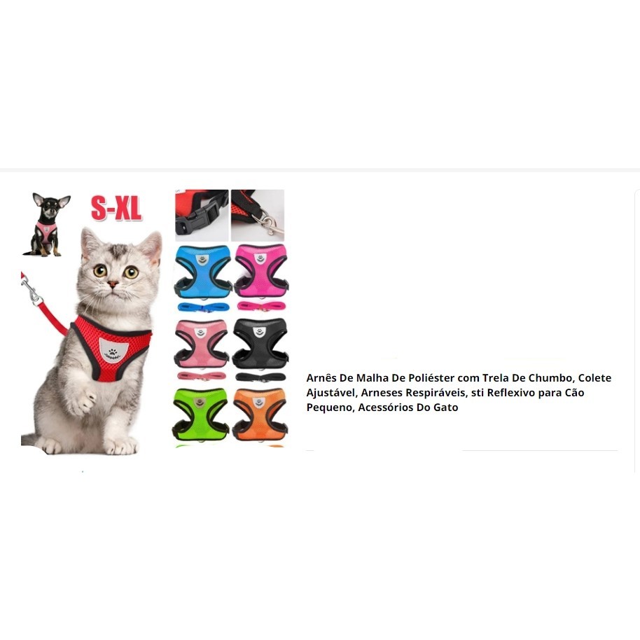 colete para gatos e cães De Malha De Poliéster com Trela De Chumbo, Colete Ajustável, Arneses Respiráveis, sti Reflexivo para Cão Pequeno, Acessórios Do Gato