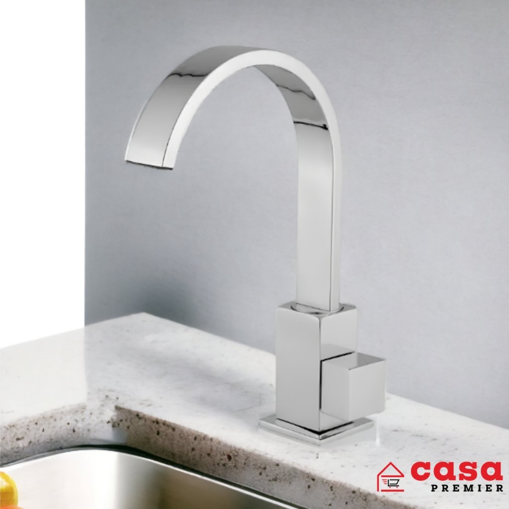 Torneira Pia Moderna Bica Móvel Baixa Quadrix Curva Bancada Cromada Square Lavat