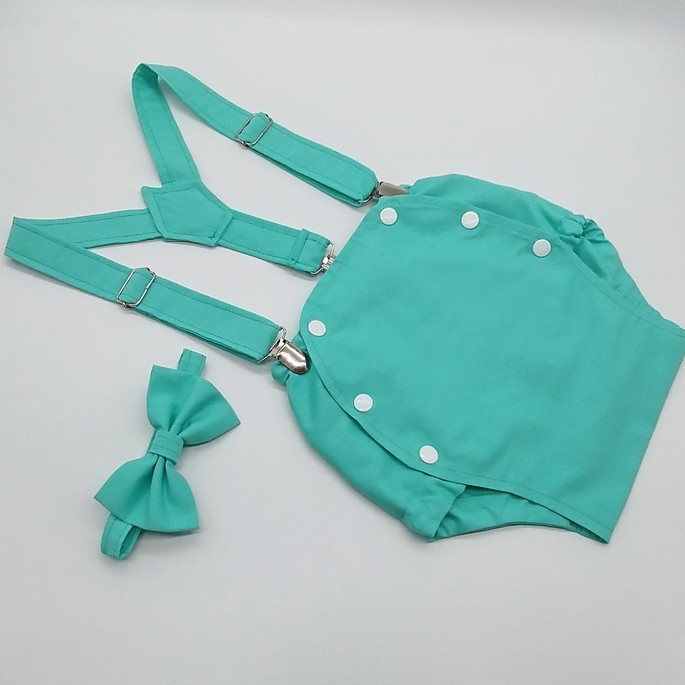 Roupa Menino Verde Tiffany Suspensório e Gravata Smash Cake Foto