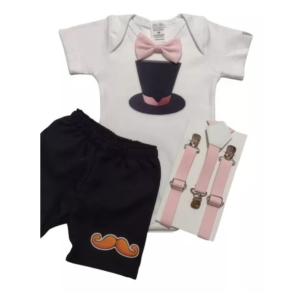 Roupa De Bebê Menino Conjunto Infantil Temático Mesversário 3 Peças Body Gravatinha, Short e Suspensório