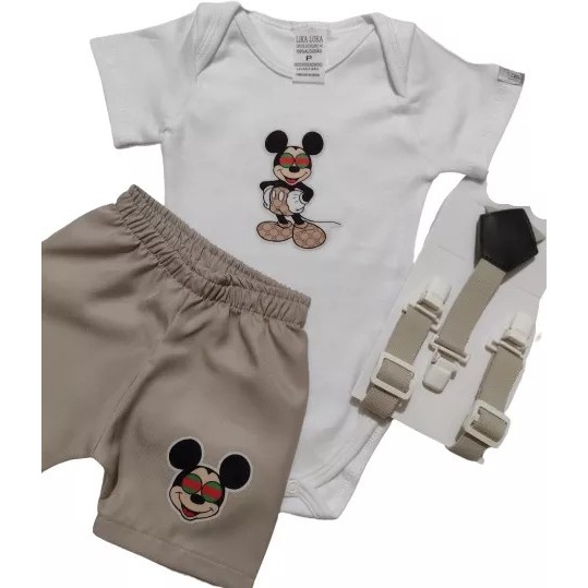 Roupa De Bebê Menino Conjunto Infantil 3 Peças Body Temático Mickey, Short e Suspensório
