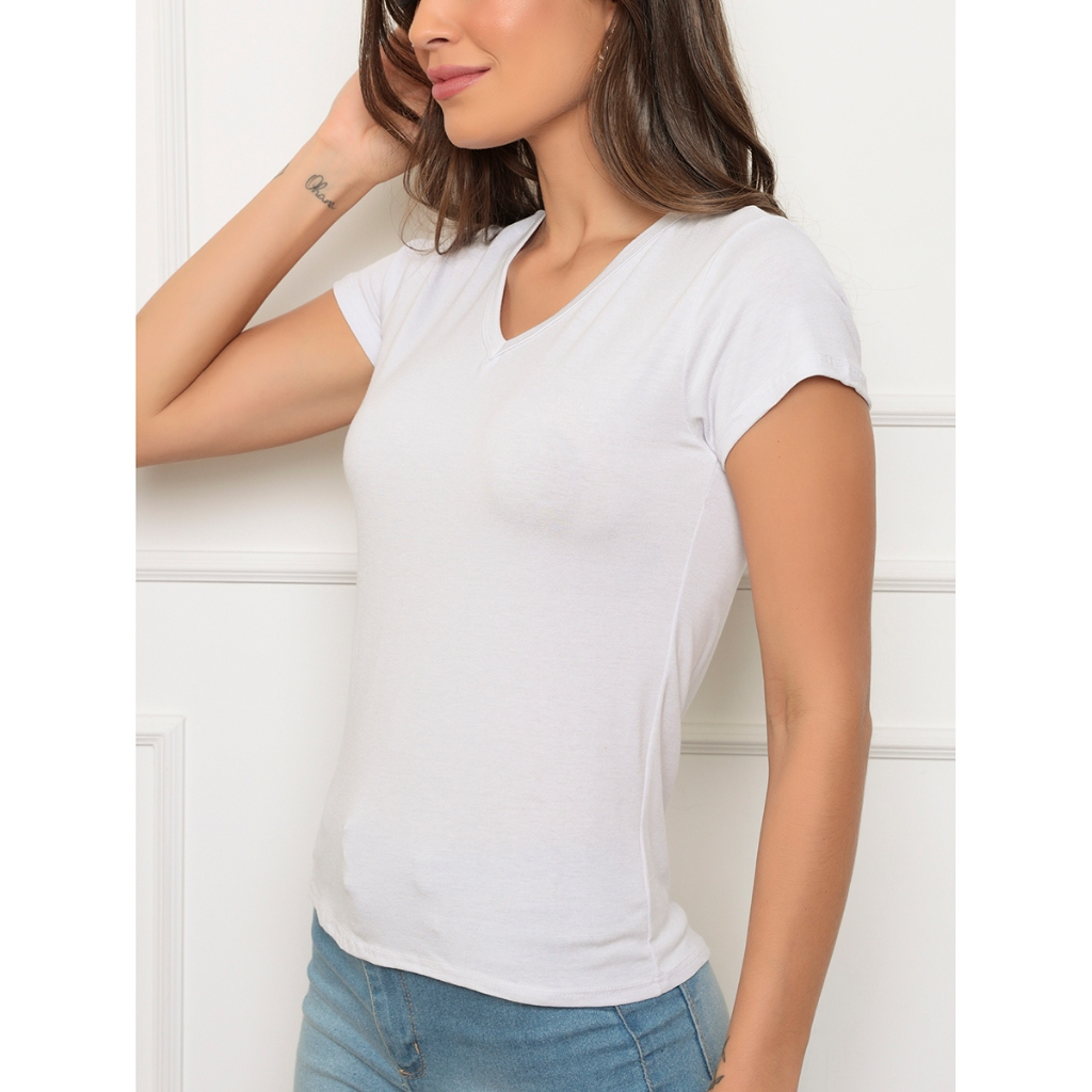 Kit 3 Blusas Baby Look Feminina Gola V Manga Curta Camiseta Básica Viscolycra Lisa