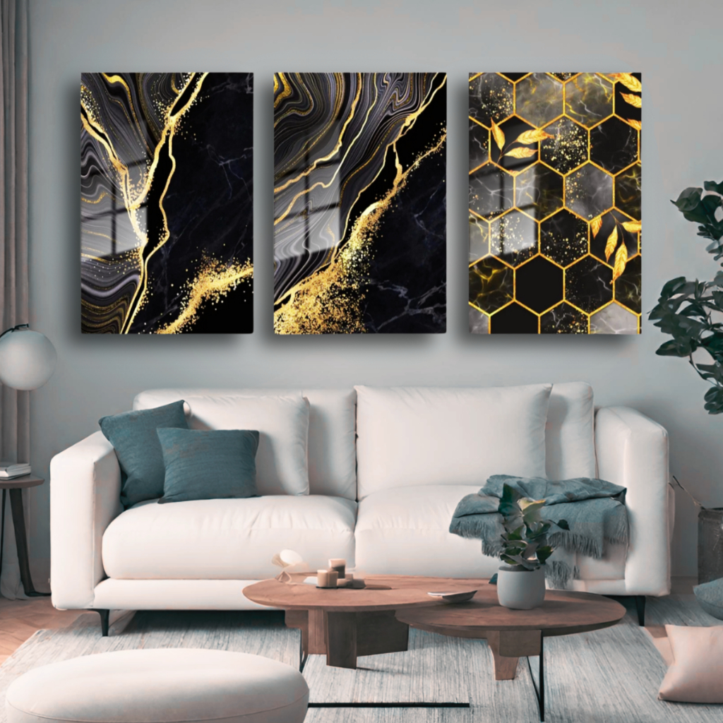 Quadro Decorativo Mármore Mosaico Arte Abstrata Dourada e Preto Sala Escritório