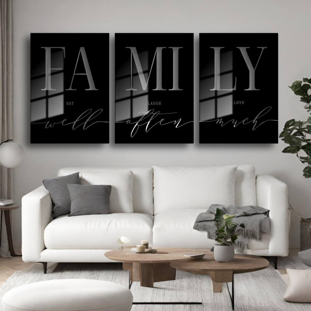 Quadro Decorativo 3 peças Família Family Preto e Branco Para Escritório Sala Quarto