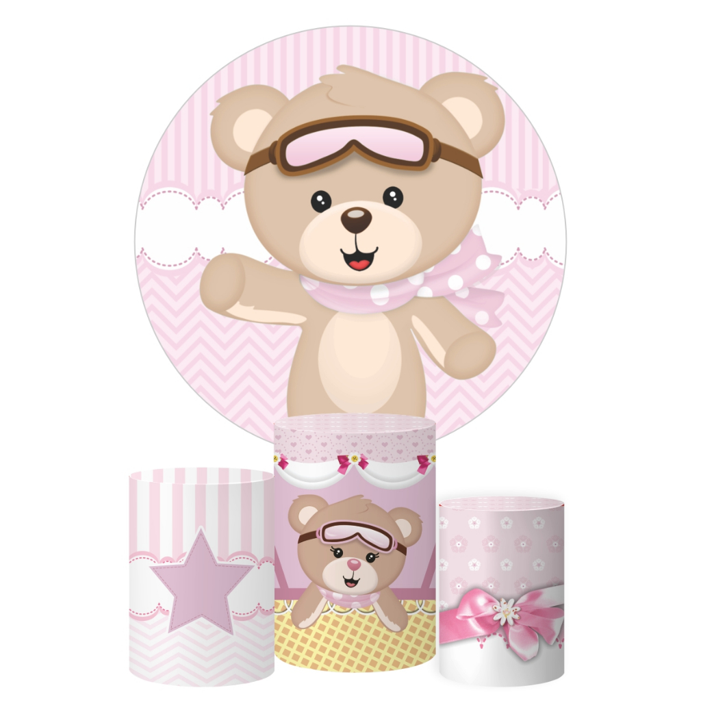 Kit Painel Redondo + Trio Capas Cilindro Ursinha Baloeira Festa Decoração Tecido Veste Fácil Mod2