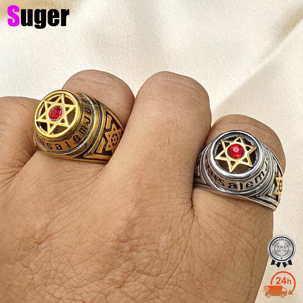 Anel Masculino Dedeira Em Aço Inoxidável Banhado A Ouro Prata com Estrela de Davi judaísmo