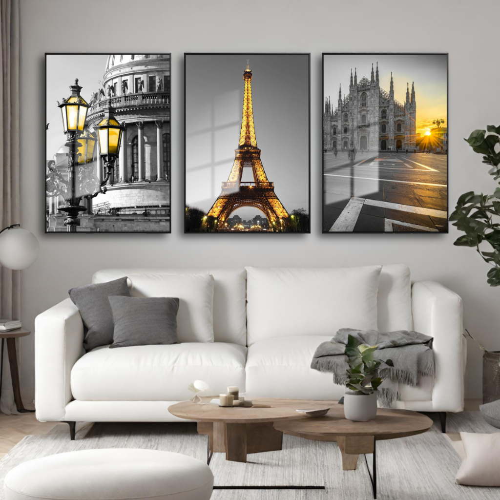 Quadro Decorativo Paris Amarelo e Preto 3 Peças Sala Escritório Quarto