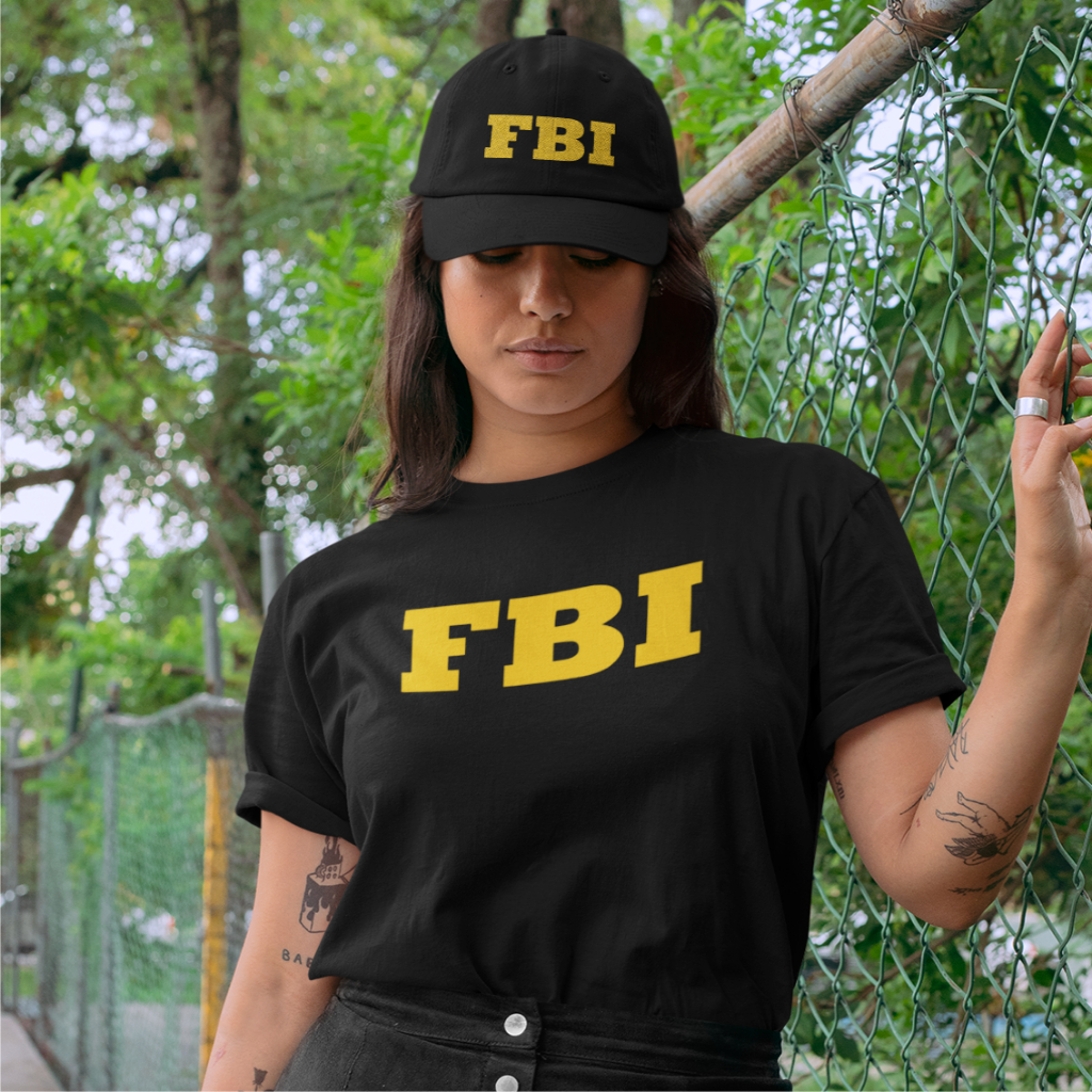 Kit Camiseta Feminina Fbi Amarelo Police Eua Fantasia Baby Look + Boné em Oferta na Shopee