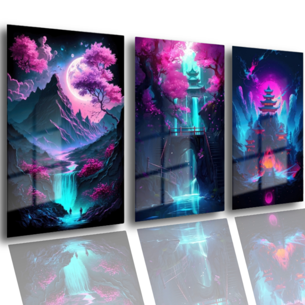 Quadros Decorativo Oriental Quadros Orientais, Japonês Cachoeira Azul Neon