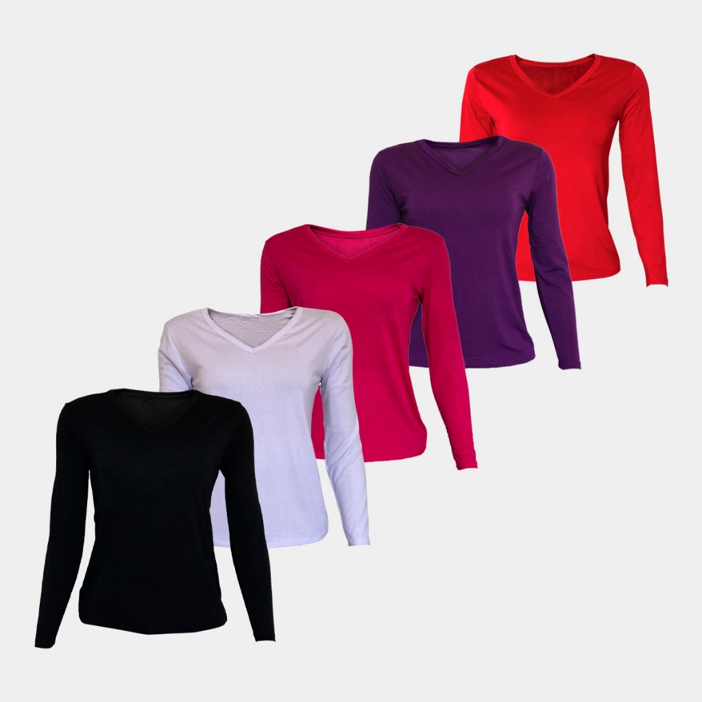 Kit 5 Blusa Manga Longa Feminina Malha Segunda Pele Lisa Gola V Blusinha Básica