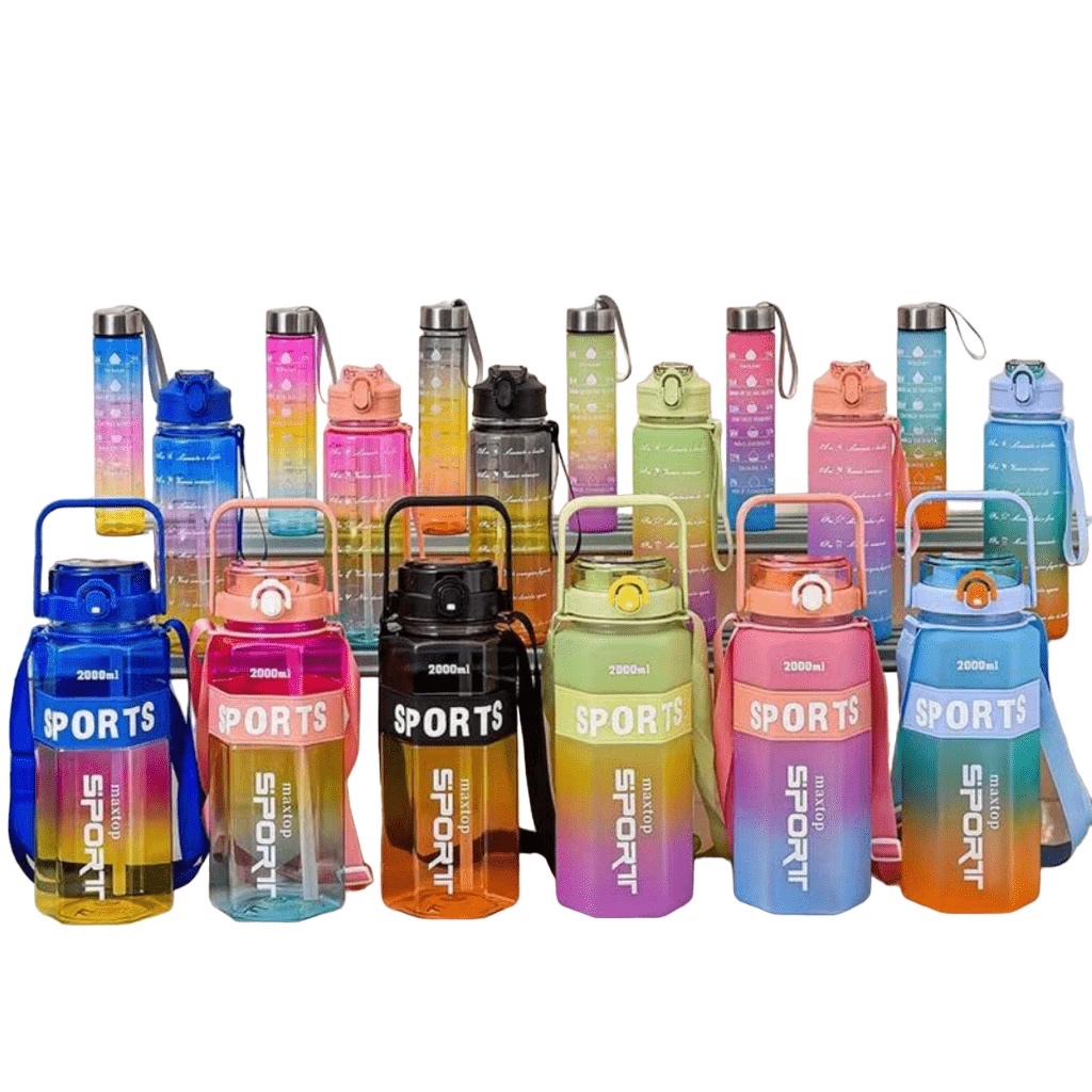 Sports Kit 3 em 1 Garrafas   2000ml 750ml 300ml Squeze Academia Treino Tie Dye Adesivo Alça
