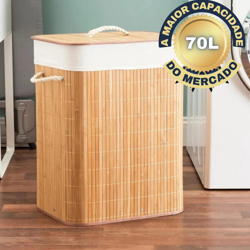 Cesto de Roupa Suja 70 LITROS Lavanderia Bambu c/ Tampa Retangular Forrado Quarto Banheiro...