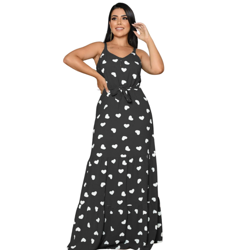 Vestido Longo 3 Marias com Alcinha Estampa Coração em Crepe de Seda Maisa