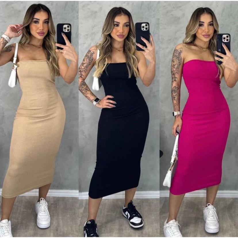 Vestido Feminino Midi Tomara que Caia Canelado Elegância E Conforto Em Um Único Vestido Tubinho em Oferta na Shopee