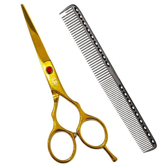 Pente De Metal Preto + Tesoura Fio Laser 6.0 Profissional Cabeleireiro Obopekal Corte Barbeiro