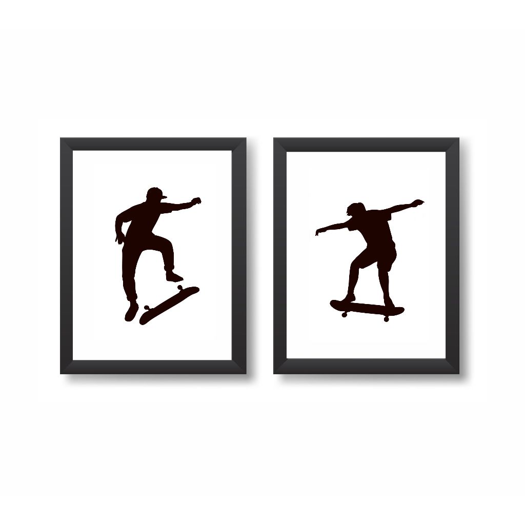 Kit 2 Quadros Decorativos Skate Skatista Molduras 20x30cm Madeira Vidro Cor Pretas