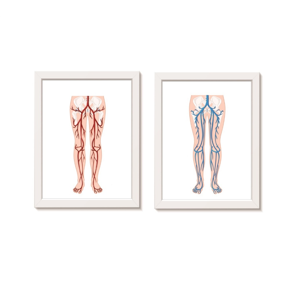 Kit 2 Quadros Decorativos Sistema Circulatório das Pernas Decoração Consultório Médico Angiologia Fisioterapia Molduras