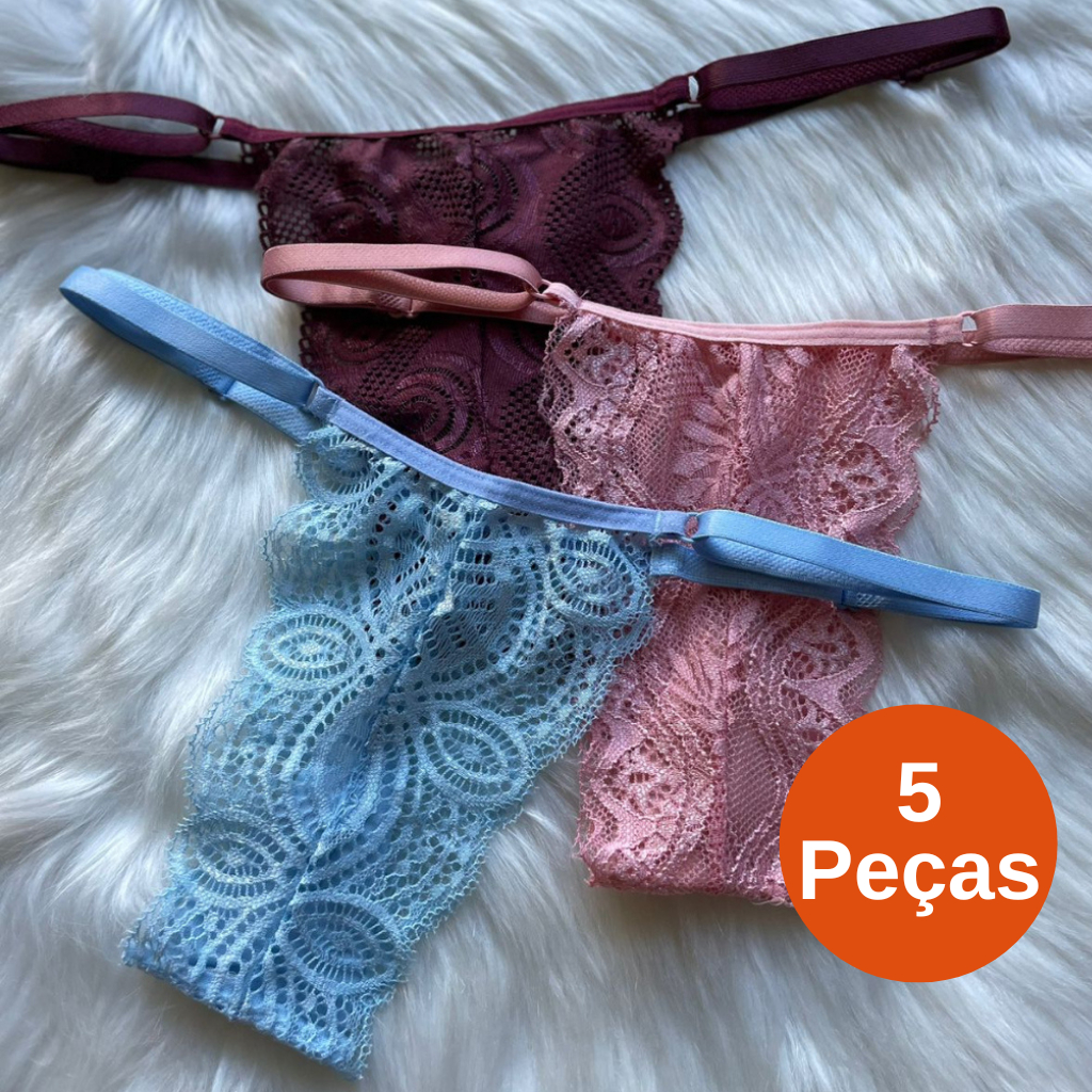 Kit 5 Calcinha Rendada com Regulagem Langerie Sexy Atacado
