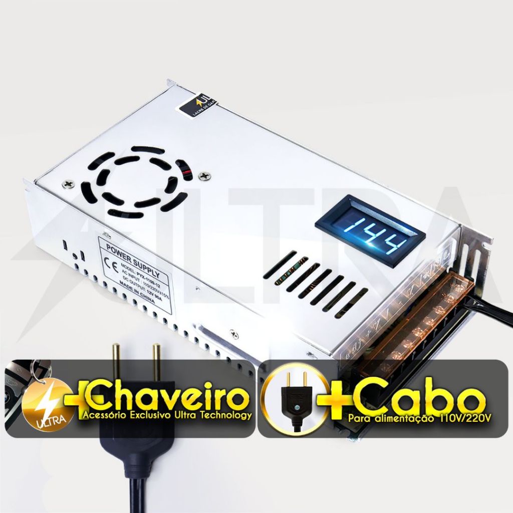 Fonte Automotiva Chaveada 12V 90A Ultra c/ Cabo Bivolt Para Caixa de Som Residencial Som Automotivo Fita LED Substitui Usina Taramps Jfa Módulo Stetsom