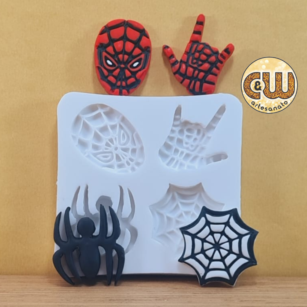 Molde Silicone Rosto e Mão do Homem Aranha,  Aranha  e  Teia - Decoração, Confeitaria e Artesanato – Biscuit - Festa