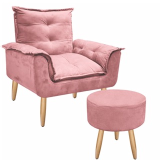 Poltrona Opala Cadeira Decorativa + Puff Redondo Pés Palito