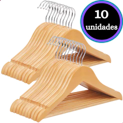 Kit Com 10 Cabides De Madeira PREMIUM REFORÇADO Natural Marfim Com Verniz