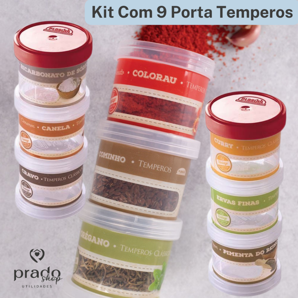 Kit Pote Porta Temperos 9 Potinhos Empilhaves Com Tampa Cozinha Organização Casa