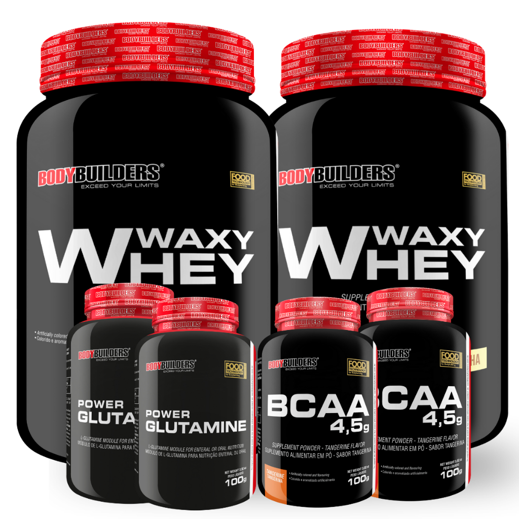 Kit 2x Waxy Whey 900g + 2x Power Bcaa 4.5 100g + 2x Power Glutamina 100g - Bodybuilders em Oferta na Shopee