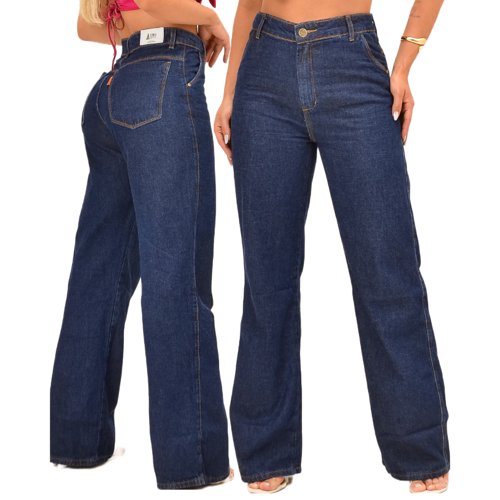 Calça Jeans feminina Wide Leg Básica Pantalona Boca Larga Cintura Alta