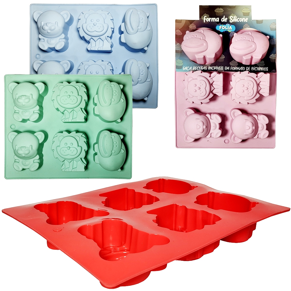 Forma De Silicone Retangular Para Cupcake Bichinhos Com 6 Cavidades 25X20X5Cm