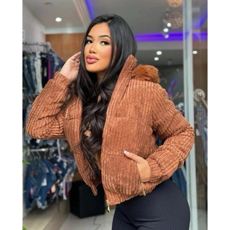 Jaqueta Puffer  Cotelê Feminina Com Capuz Removível