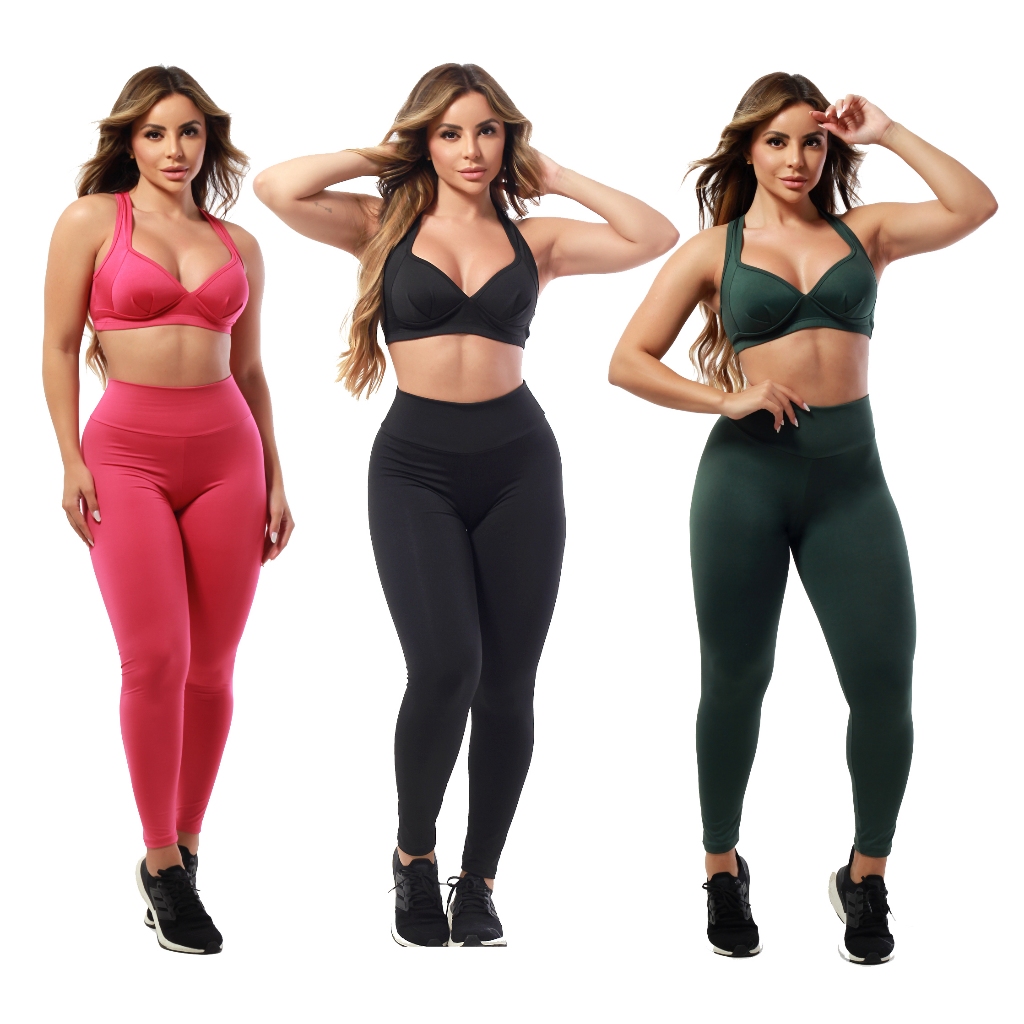 Conjunto Calça Legging E Cropped Nadador Blackout  Roupa Fitness Femininas Para Academia Suplex A07