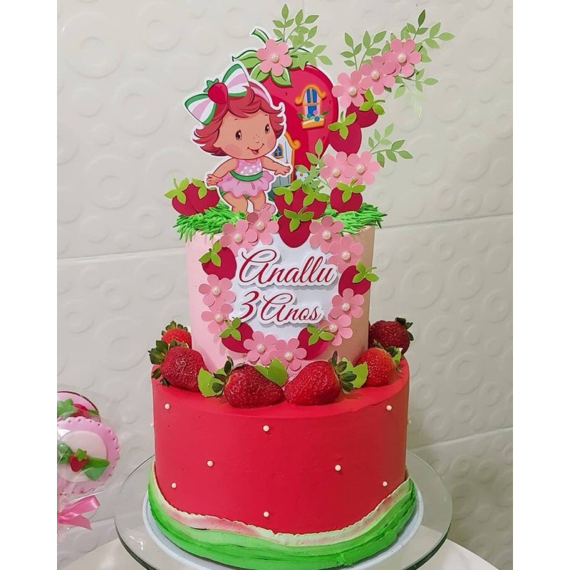 topper topo de bolo moranguinho baby cute flores em camadas nome idade personalizado aniversário menina mêsversário