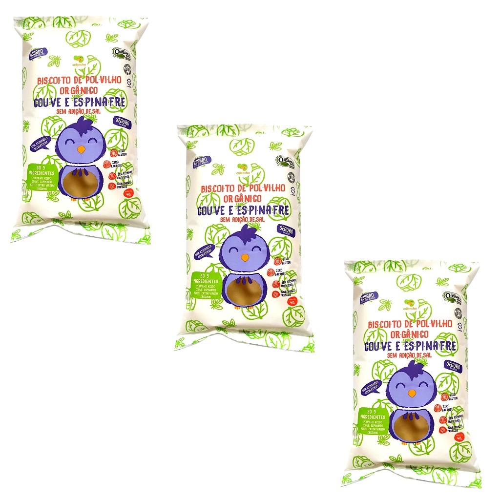 Kit 3 Biscoitos Polvilho Assado Orgânico Vegano Couve Espinafre Crilancha 120g