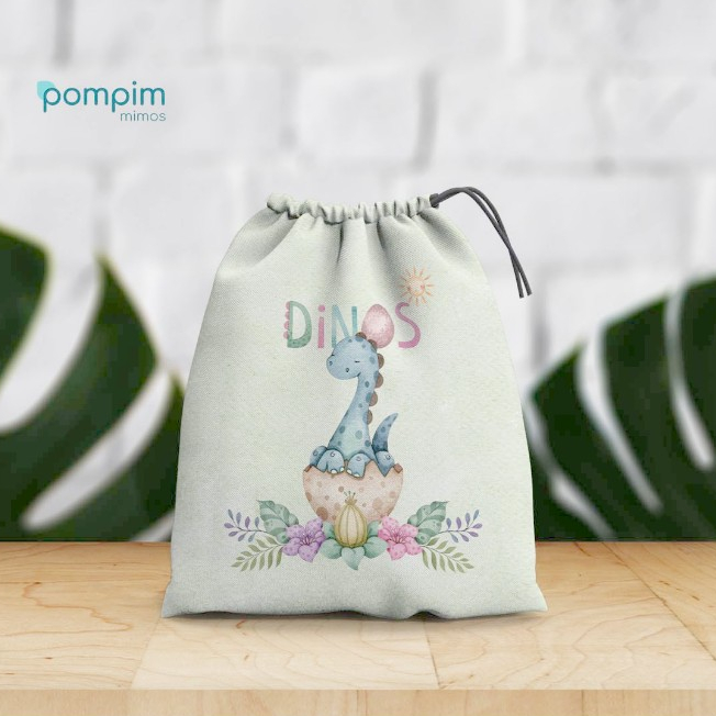 Kit Lembrancinha Sacolinha Surpresa Dinossauros Dinos de tecido personalizado, para festas e aniversários.