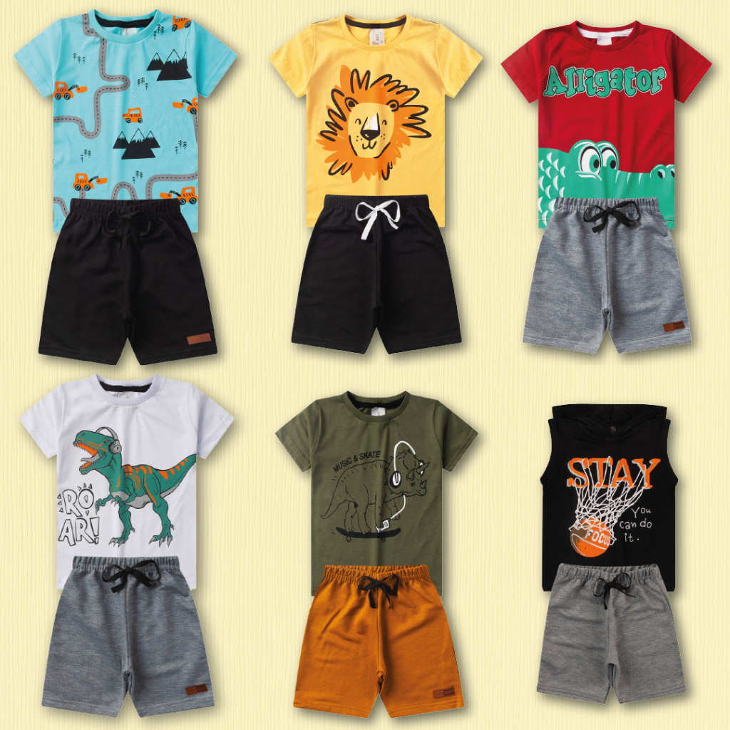 Kit 10 Peças de Roupas Infantil Menino - 5 Camisas + 5 Bermudas - Kit 5 Conjuntos Algodão