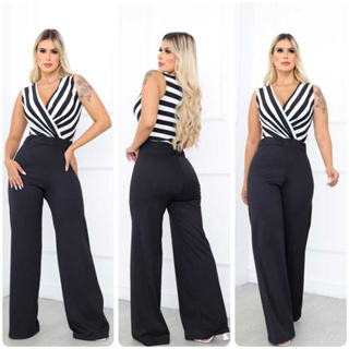 Macacão Feminino  Pantalona Canelado c/ Decote V em Oferta na Shopee