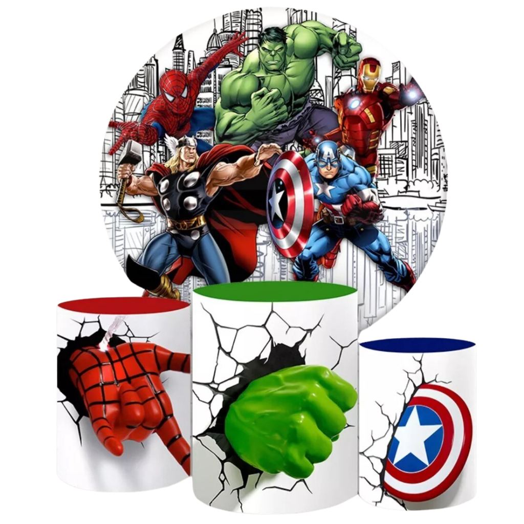 Kit Painel Redondo Decoração + Trio Capa De Cilindro Para Festa Tema Heróis