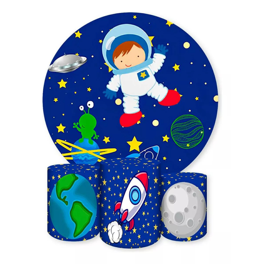 Kit Painel Redondo Decoração + Trio Capa De Cilindro Para Festa Tema Astronauta em Oferta na Shopee