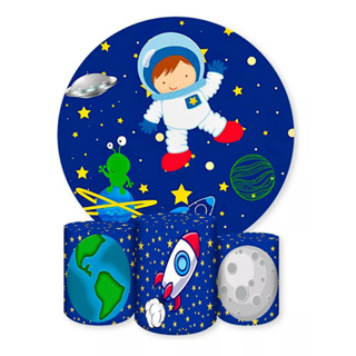 Kit Painel Redondo Decoração + Trio Capa De Cilindro Para Festa Tema Astronauta em Oferta na Shopee