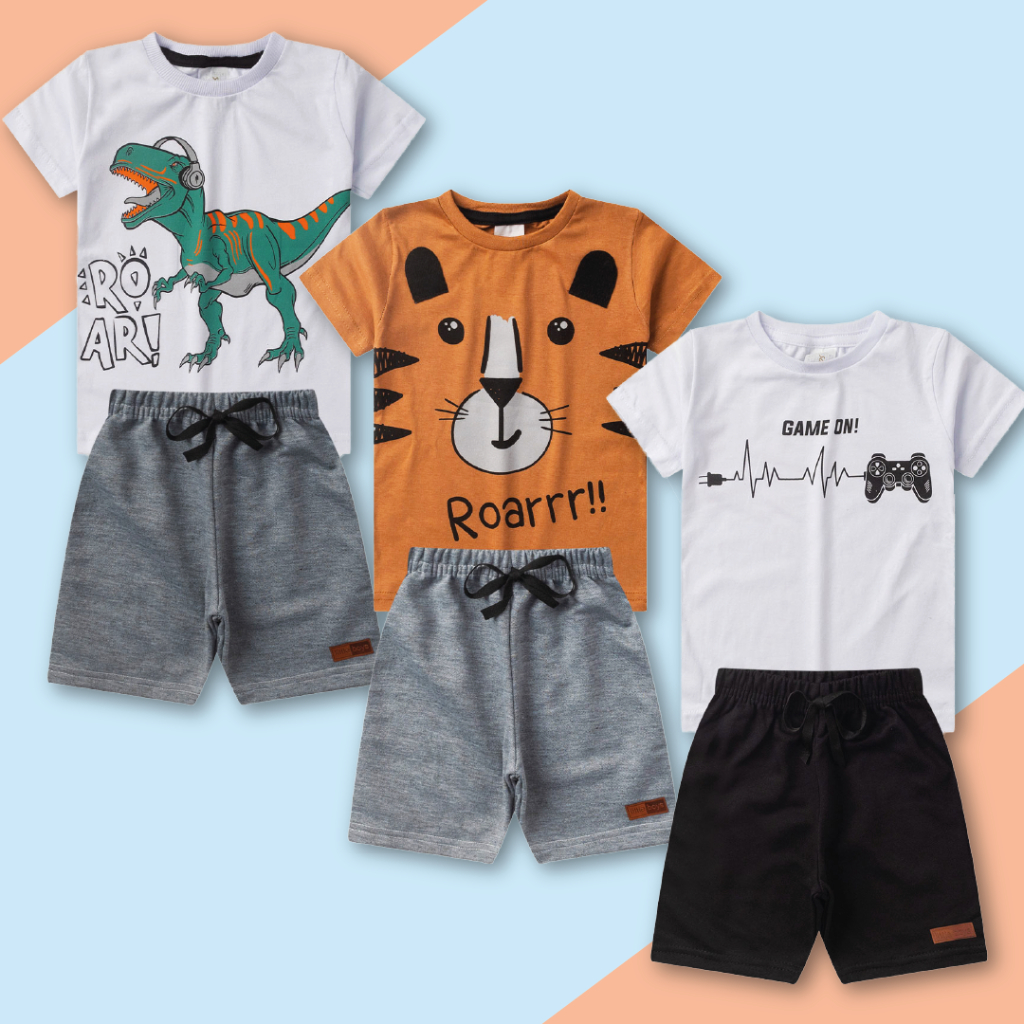 Kit 4 Peças de Roupas Infantil Menino 2 Camisas + 2 Bermudas - Kit 2 Conjuntos Algodão OFERTA em Oferta na Shopee