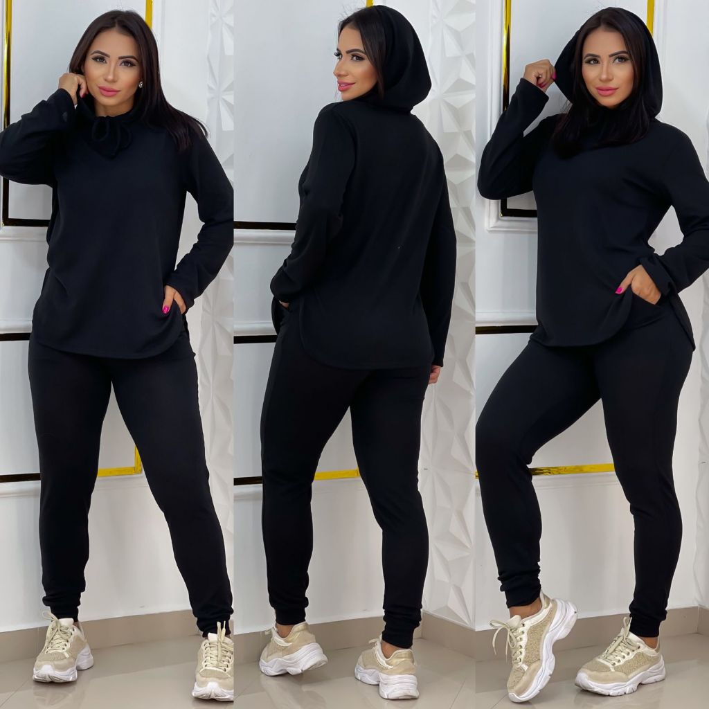 Conjunto Capuz Touca Lanzinha Feminino Outono Inverno 2 Peças Calça e Blusa Manga Longa
