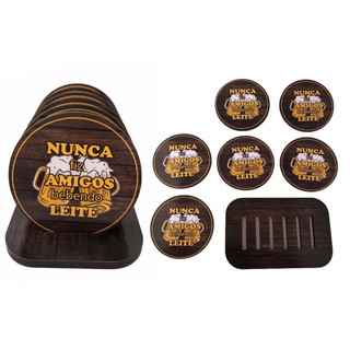 Porta Copo Personalizado Cerveja Amigos Bar Mdf com 06 Bolachas e 01 Suporte