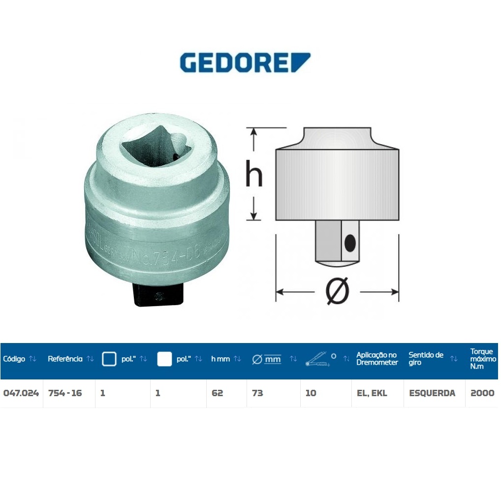CATRACA P/ TORQUIMETRO ESTALO DREMOMETER 1 POL. GIRO ESQUERDA 2000NM GEDORE 047.024 754-16