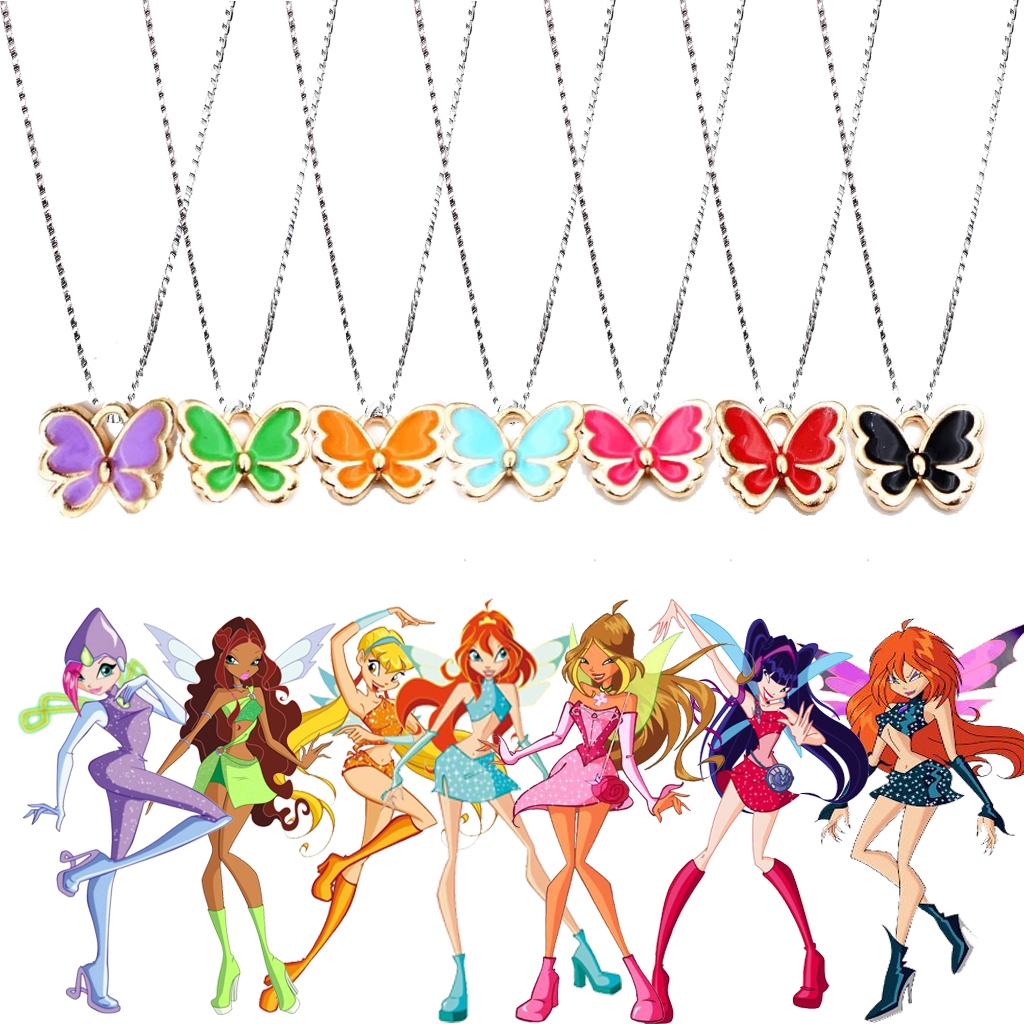 Colar Winx Club Fadas Pingente de Asa Colorida Corrente de Aço Inoxidável Bloom Musa Tecna Aisha Stella Flora Dark Bloom
