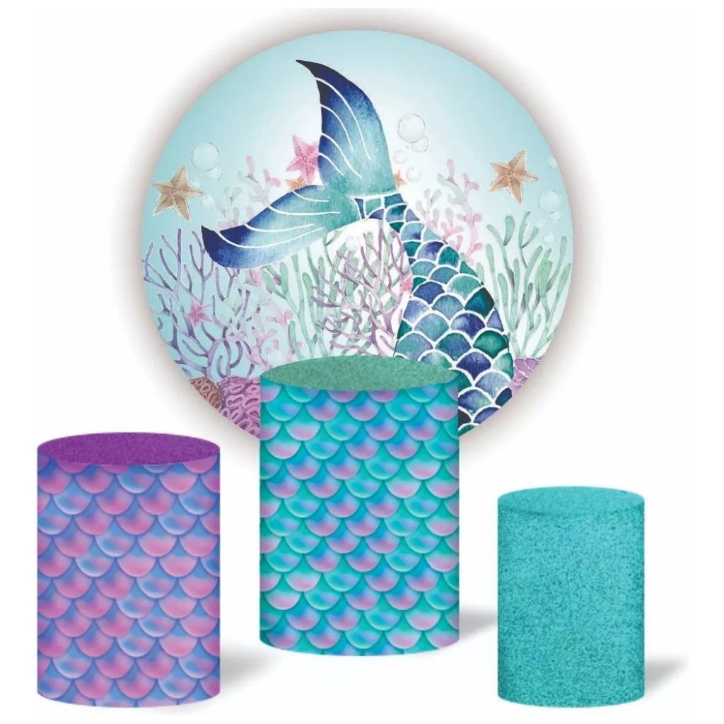 Kit Capa De Painel Redondo + Trio Capa De Cilindro Decoração De Festa Tema Calda Sereia Mar